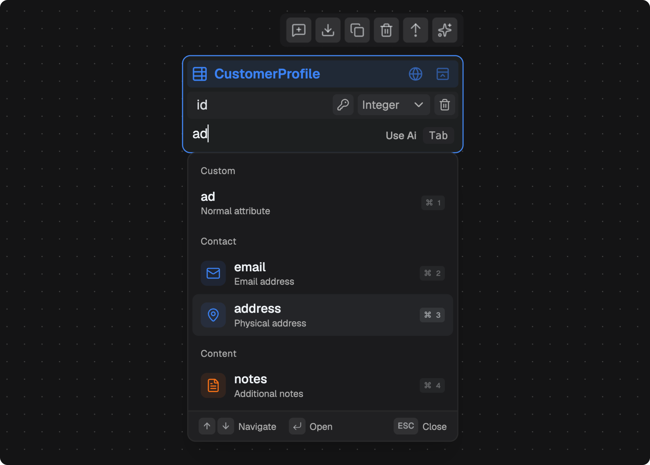 Entity selected on the canvas with the add-attribute control available from the right sidebar.