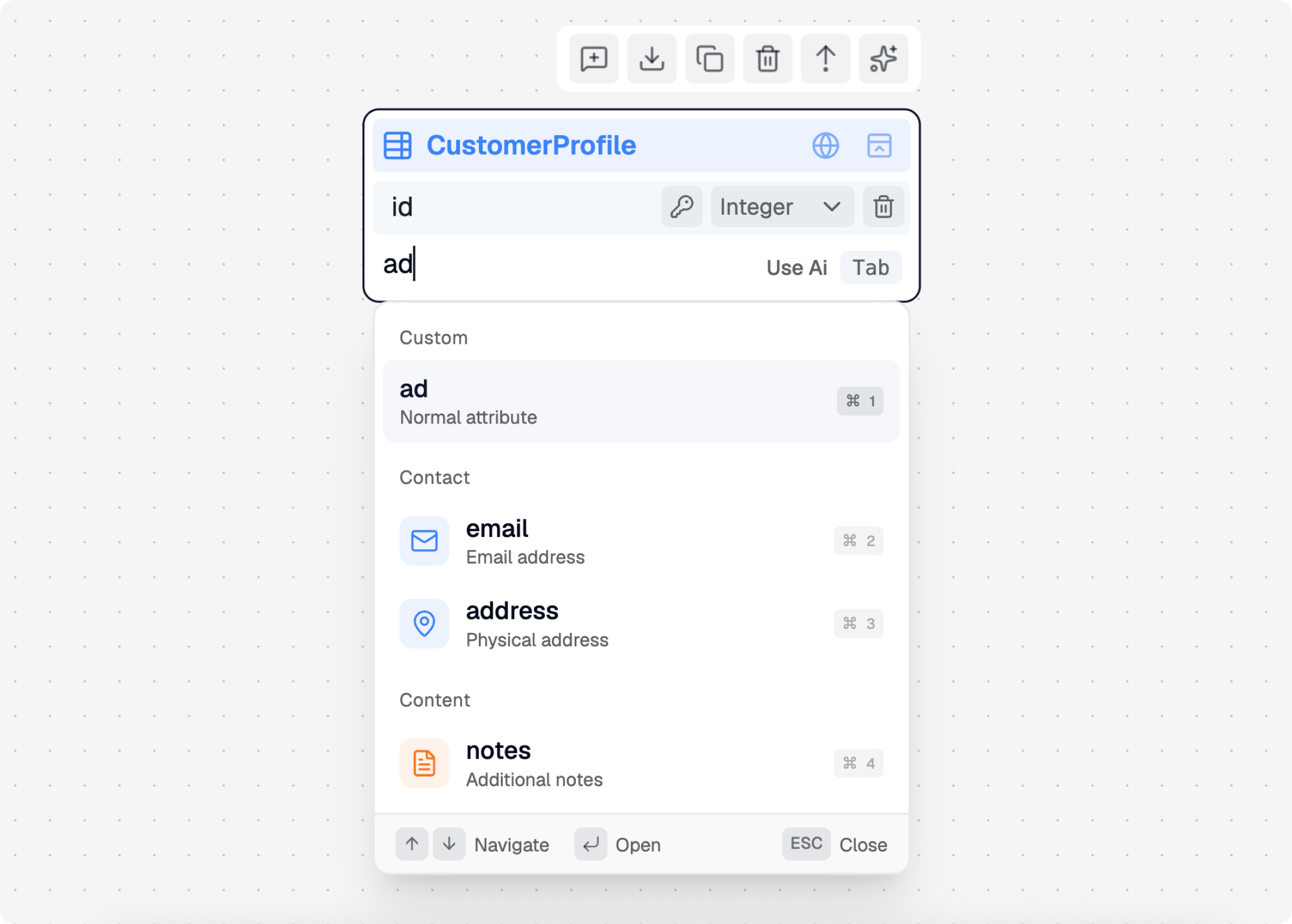 Entity selected on the canvas with the add-attribute control available from the right sidebar.
