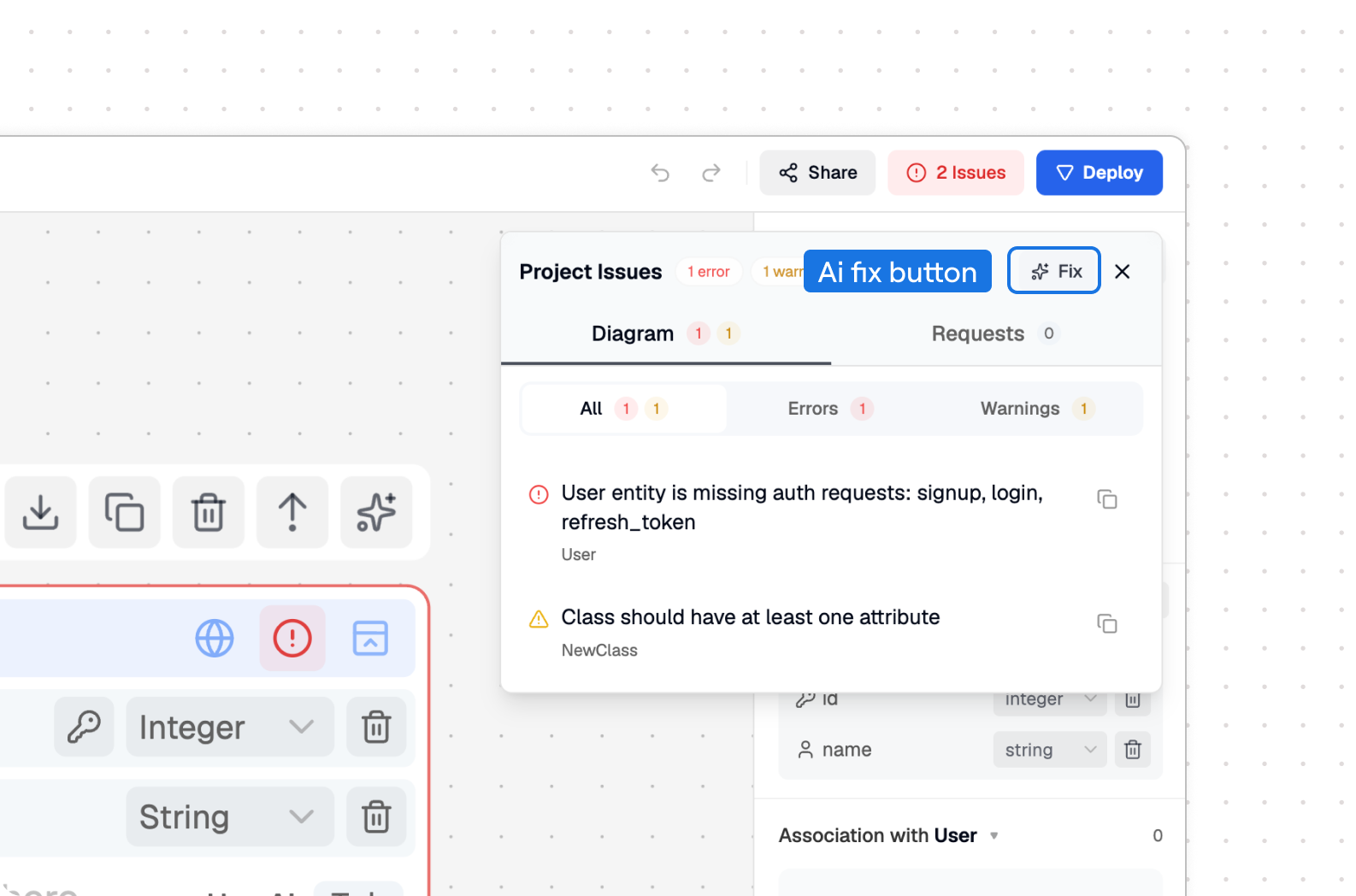 Validation issue panel showing the Fix with AI action used to ask Avora to repair workspace errors or warnings.
