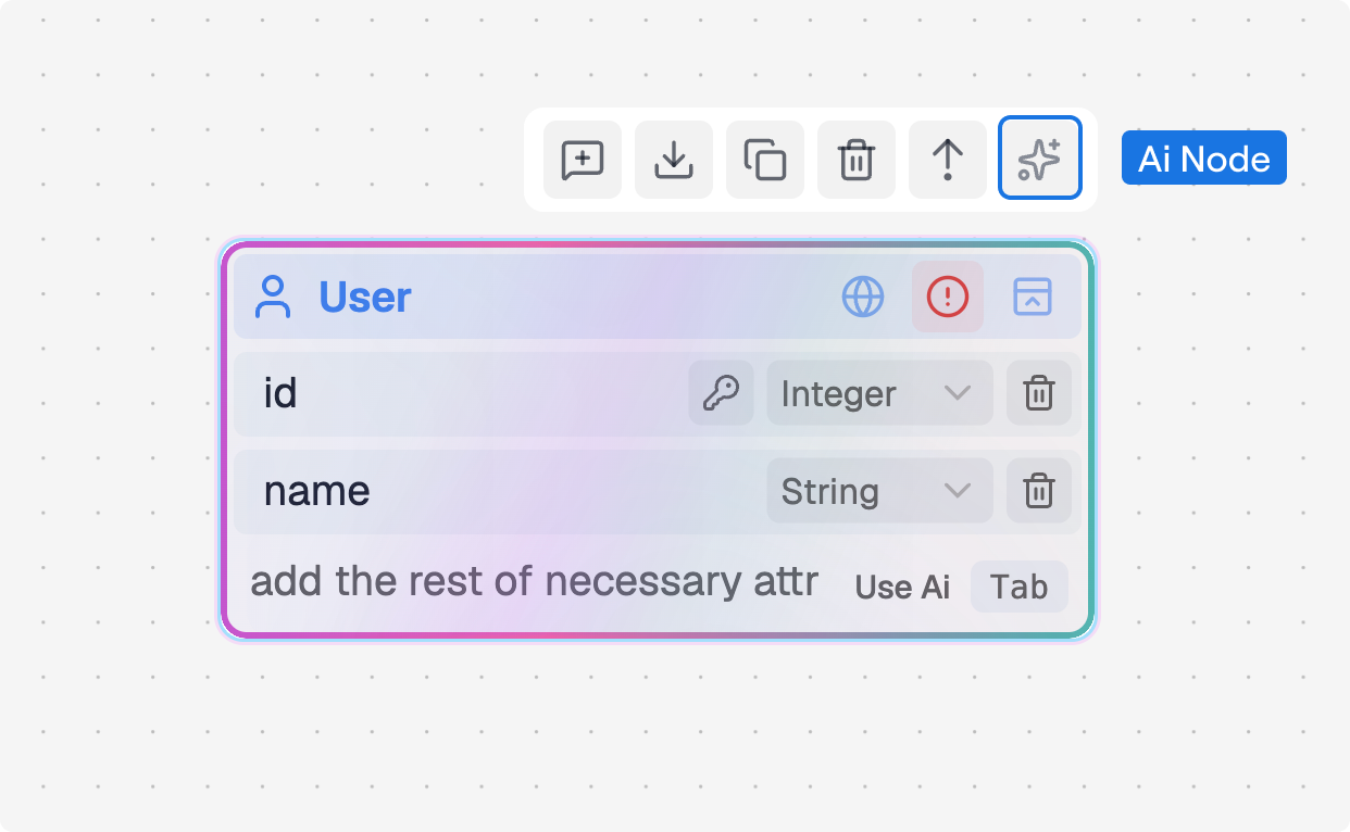 Node-level AI button used to complete, repair, or autocomplete the selected node based on its current content and workspace context.