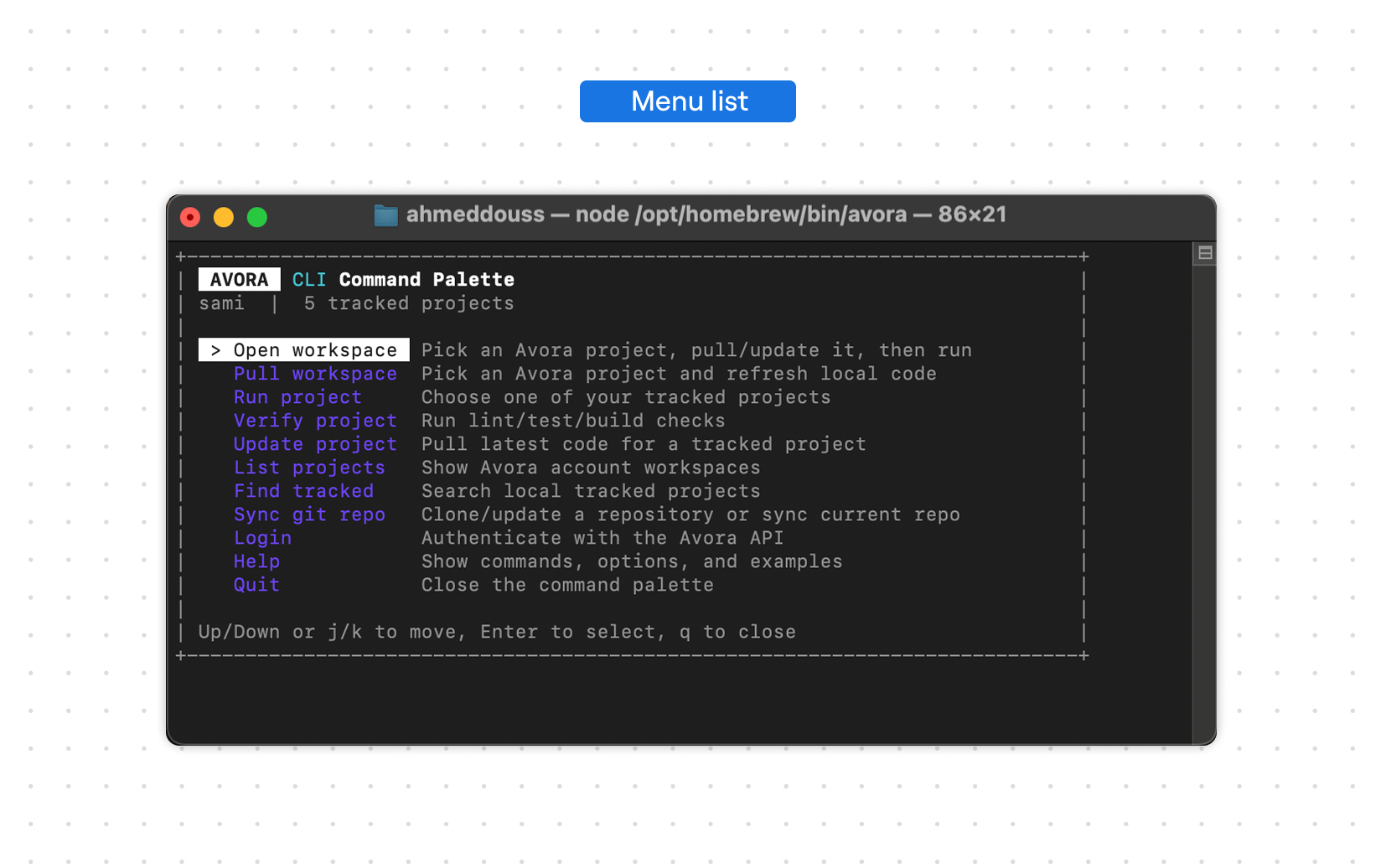 Terminal showing the Avora CLI command palette with workspace, pull, run, verify, update, project, Git, login, and help actions.