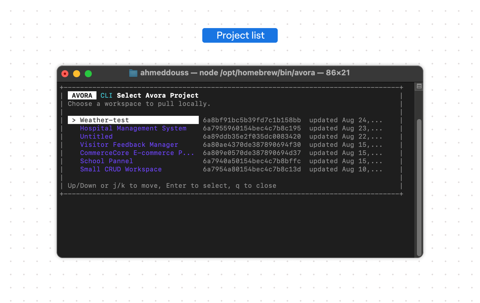 Terminal showing the Avora CLI project selector with workspace names, IDs, and update dates.