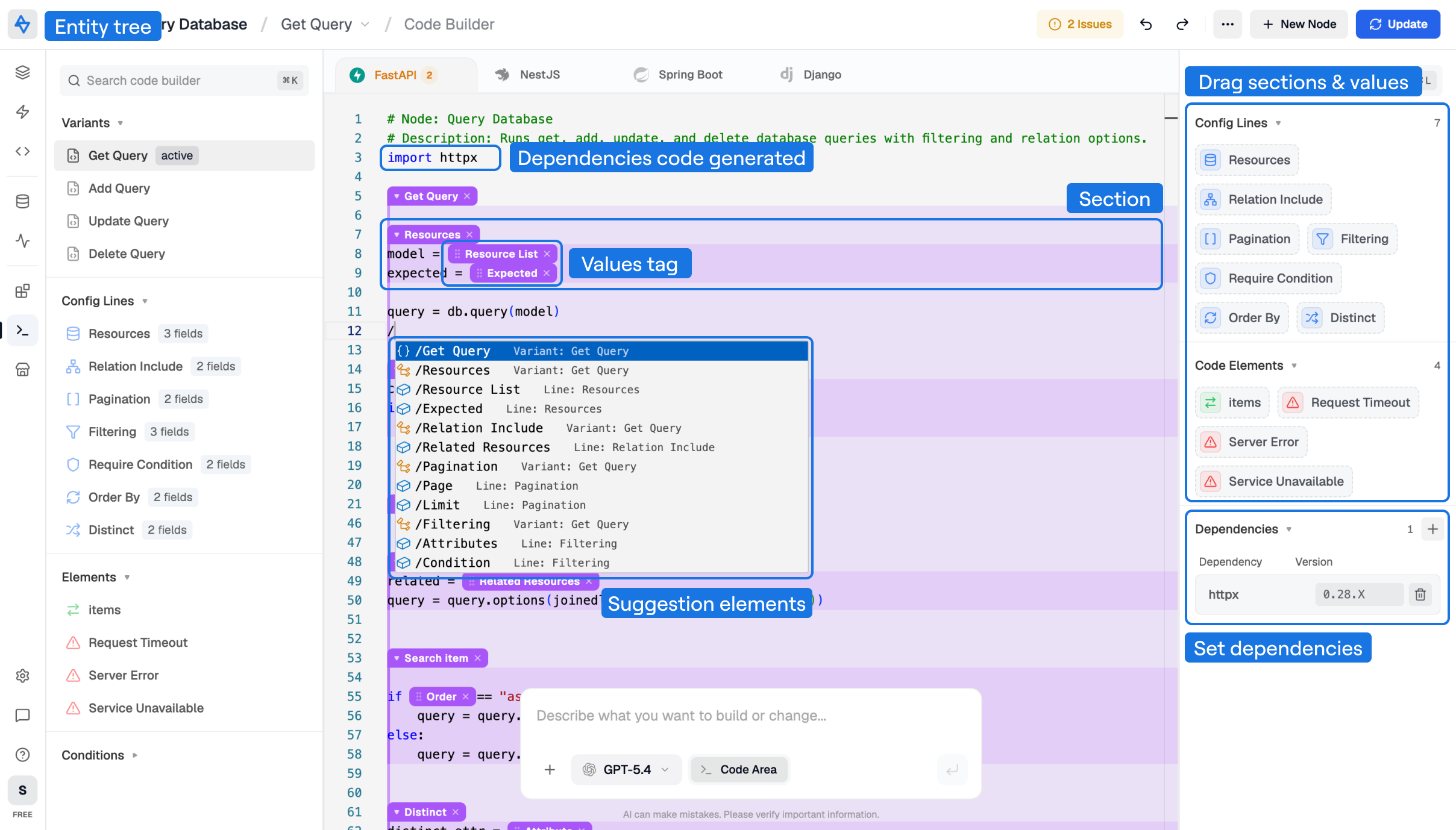 Code Builder view showing framework tabs, tagged code sections, draggable builder elements, and dependency controls.