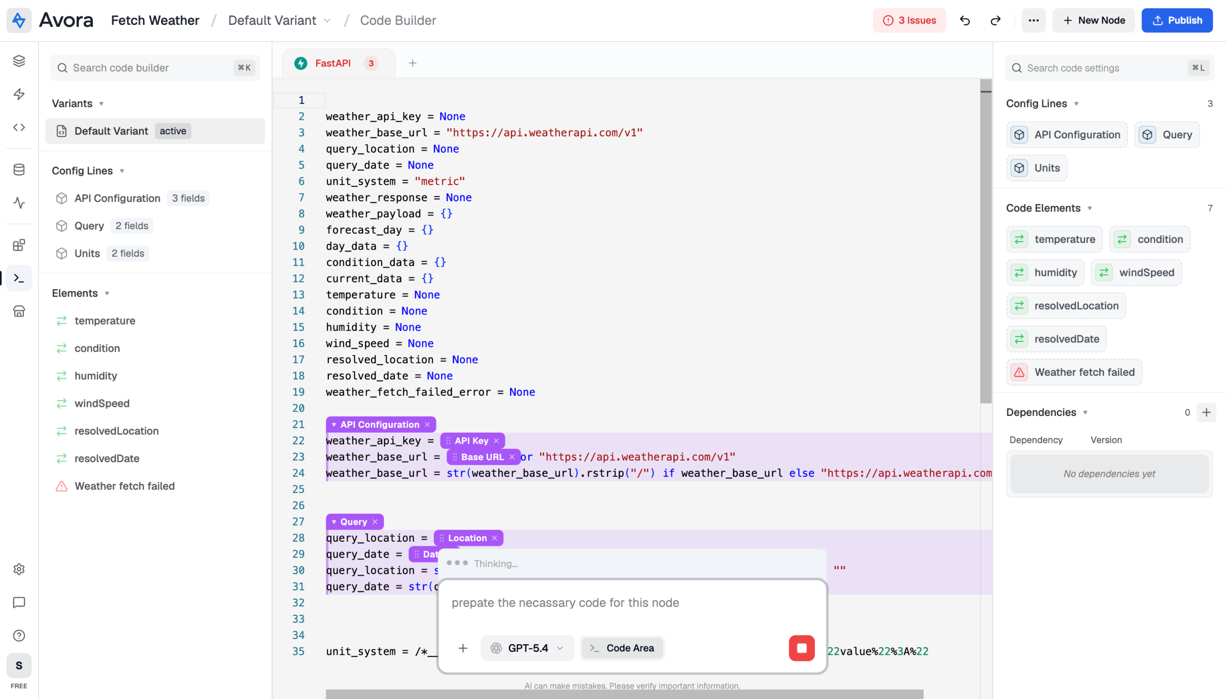 Code Builder AI screen showing framework-aware template generation based on the confirmed custom node elements.