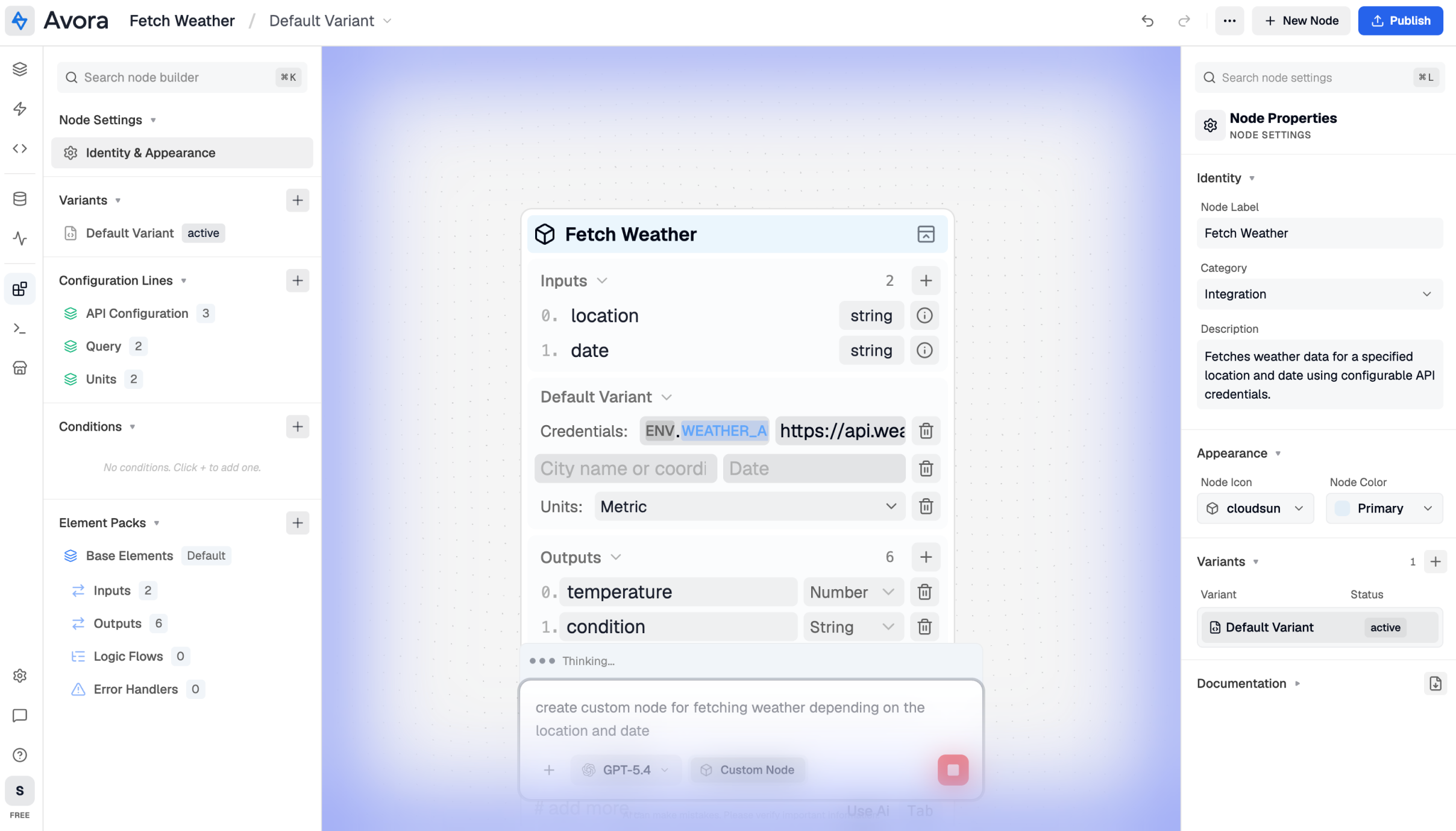 Custom Node AI screen showing how Avora prepares reusable node elements from a prompt before code generation.