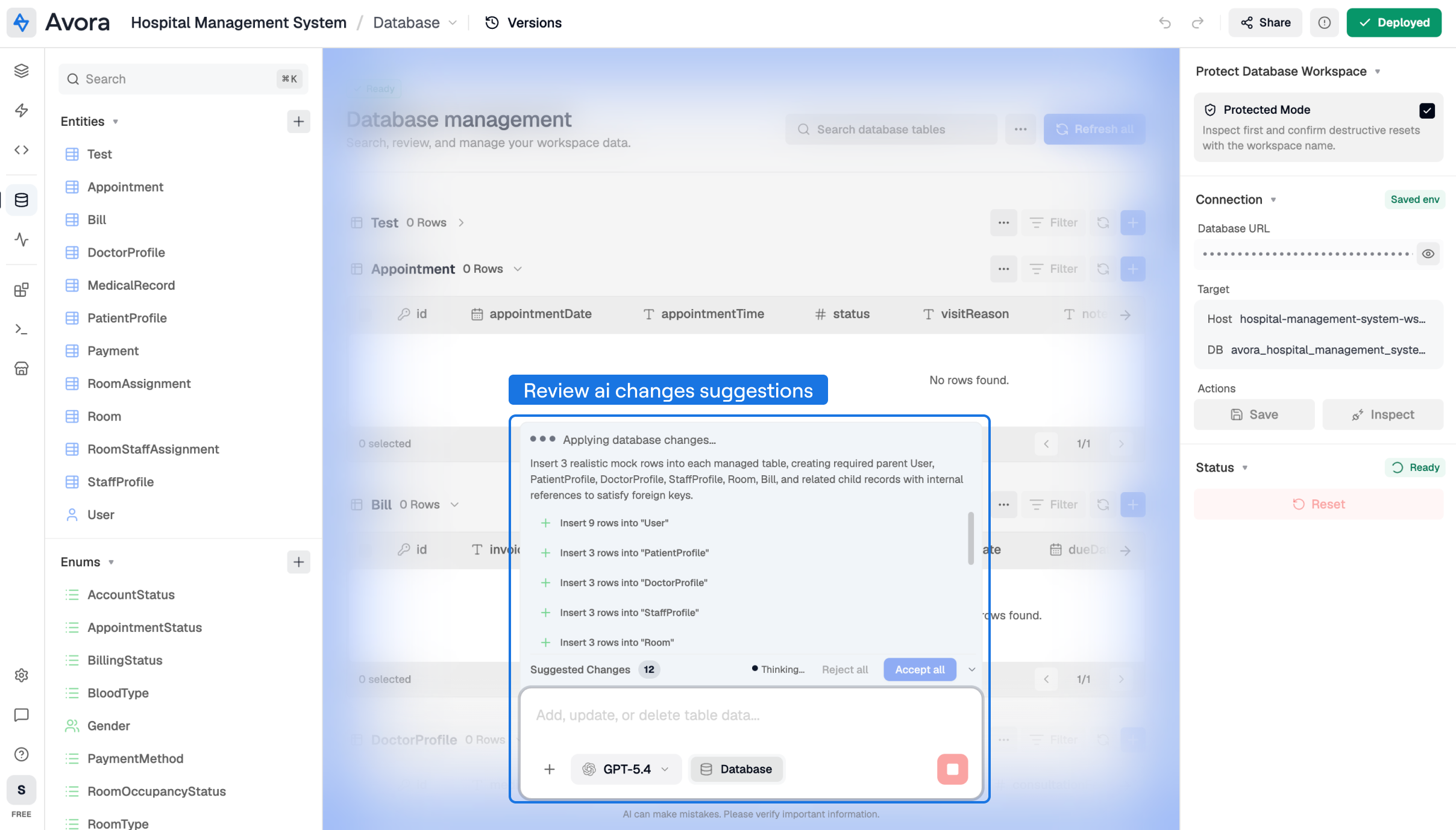 Database view showing a natural-language data prompt, generated database operations, review controls, and affected rows.