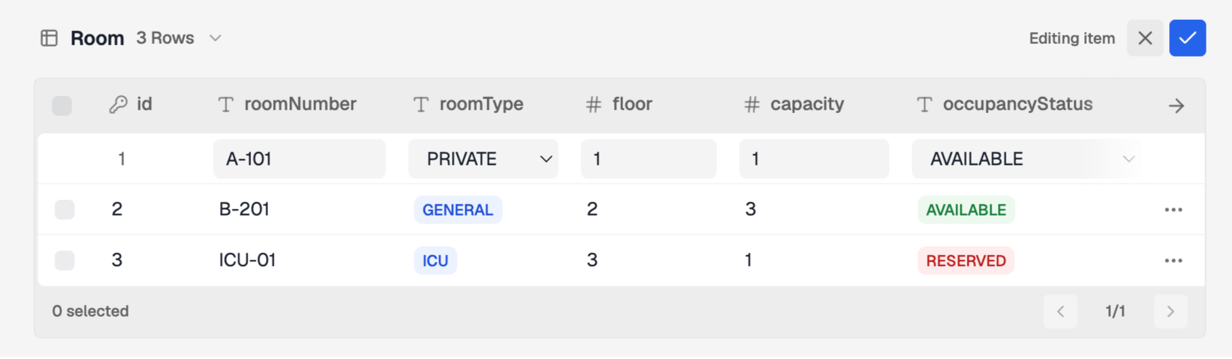 Editing a Room record with typed inputs, enum dropdowns, locked primary key behavior, and save or cancel controls.