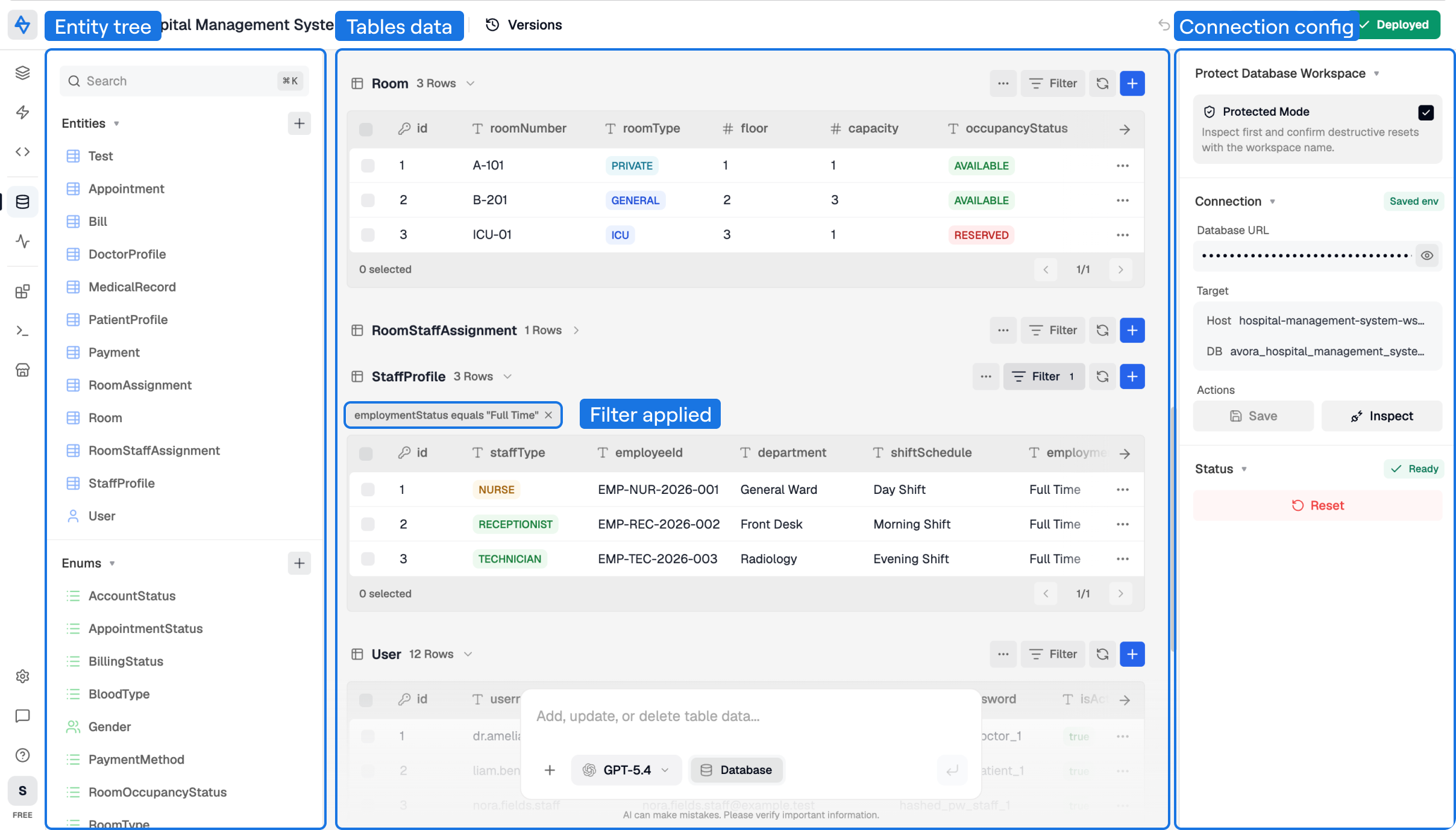 Avora Database view showing the entity and enum tree, searchable table data, an applied filter, pagination, and the connection configuration panel.