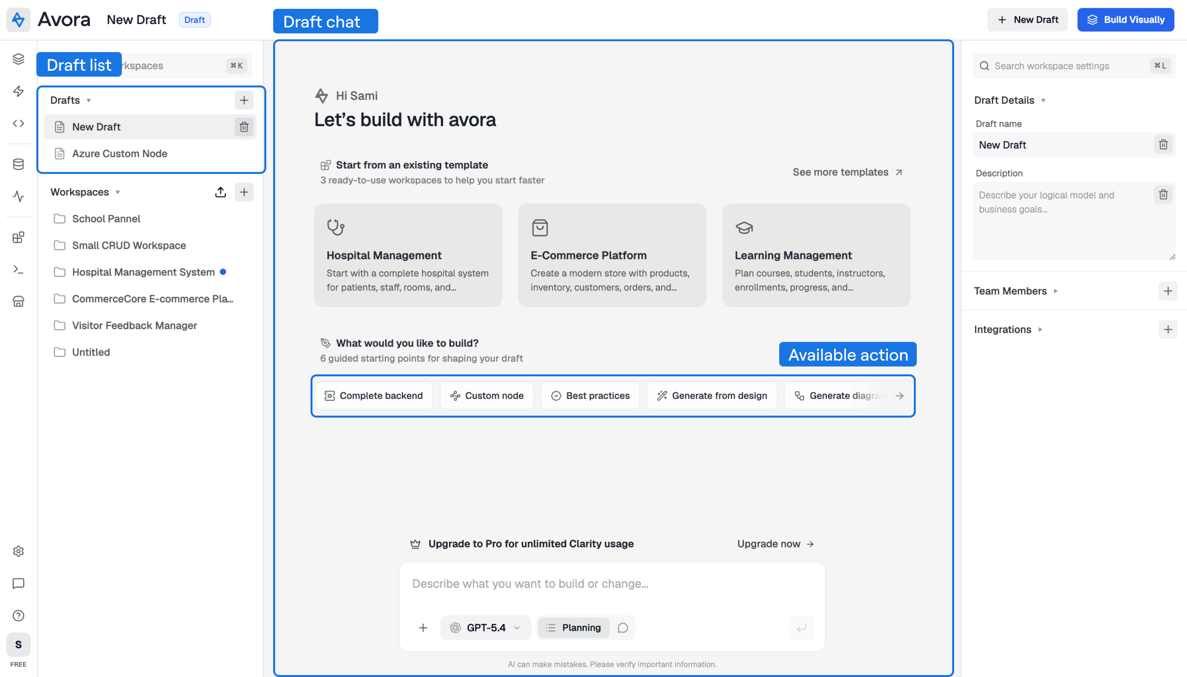 Blank Avora draft screen showing starter templates, guided build prompts, website reference entry, and the Planning or Chatting prompt bar.
