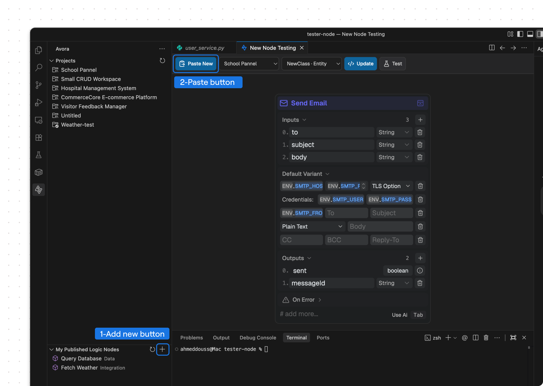 The VS Code tester showing the Paste New action, workspace selectors, Update action, and node preview.
