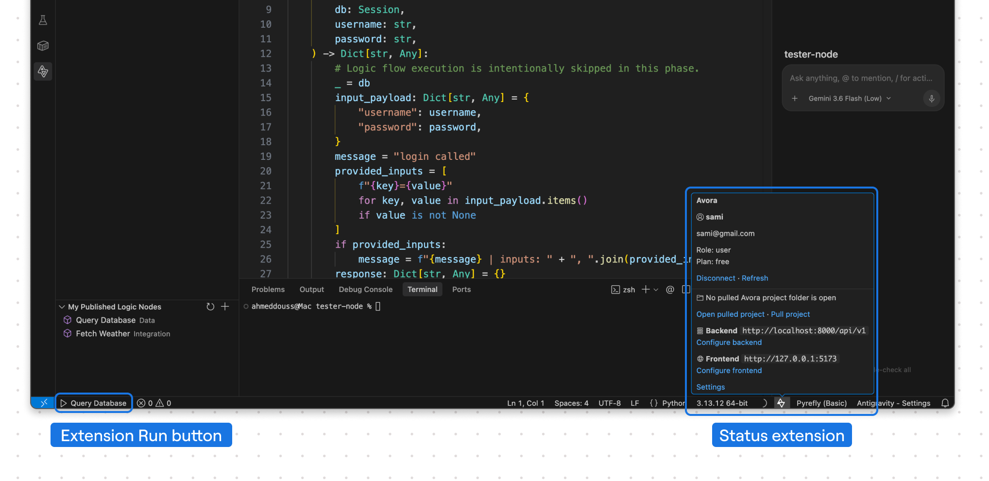 The Avora status popup and run button in VS Code.