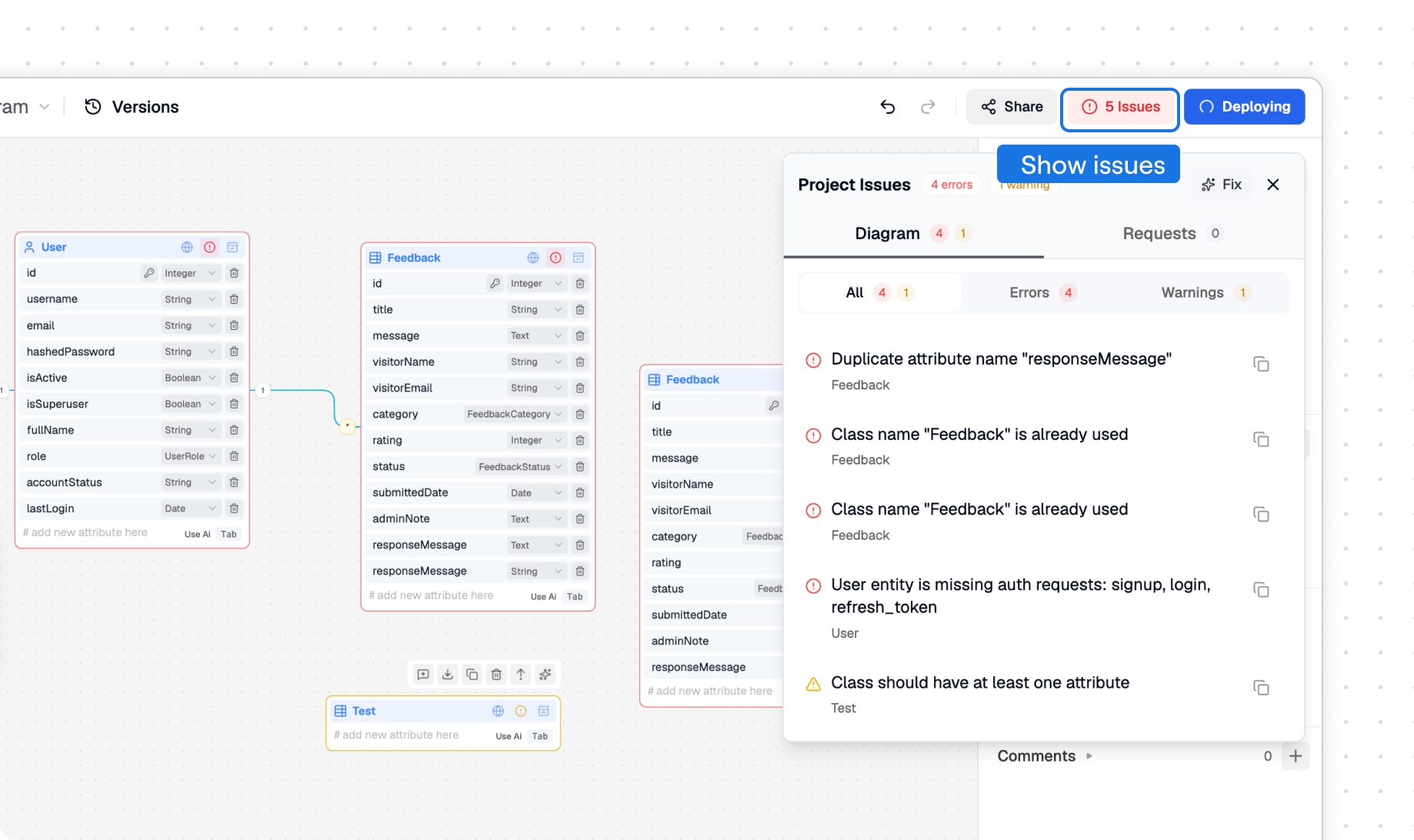 Validation issue panel showing grouped diagram issues with affected nodes and suggested fixes.