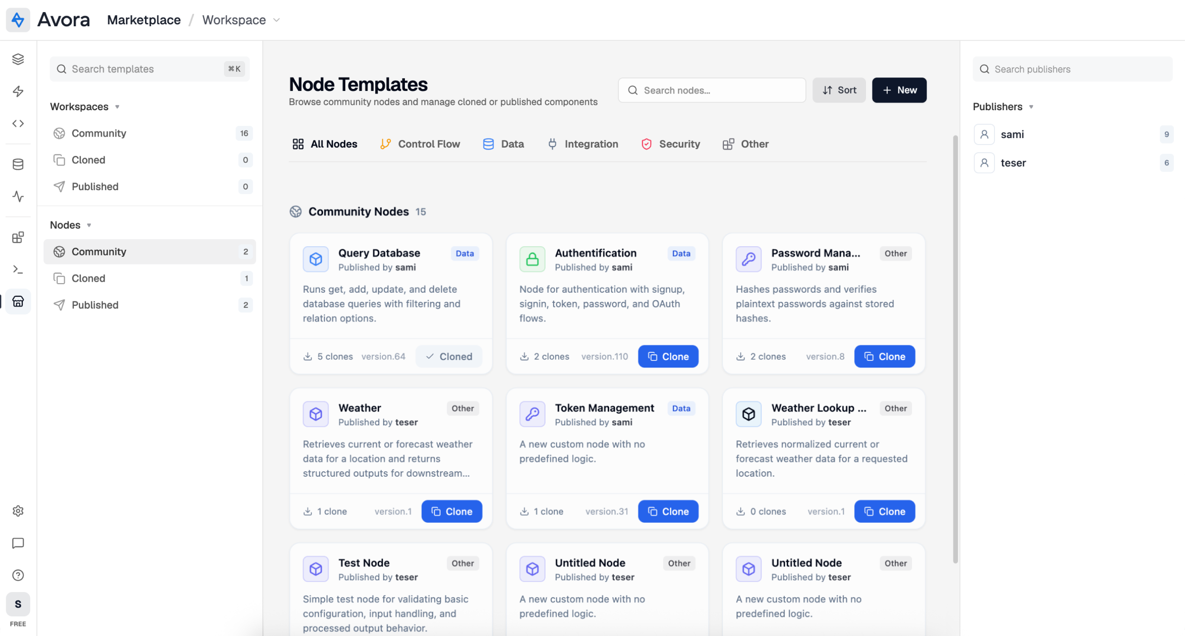 Marketplace view showing reusable templates that users can browse, inspect, and clone into their own workspace.