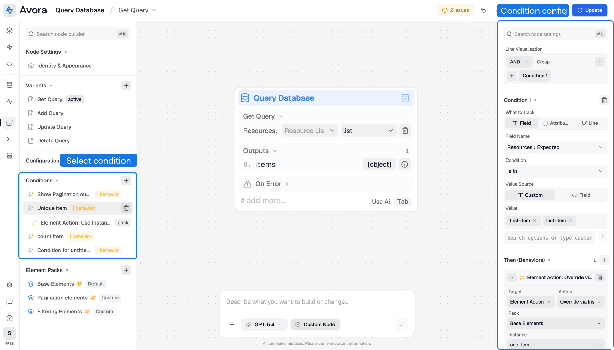 Condition Rule inspector showing Condition Name, nested AND or OR groups, What to track, operator, value source, comparison values, and a behavior.