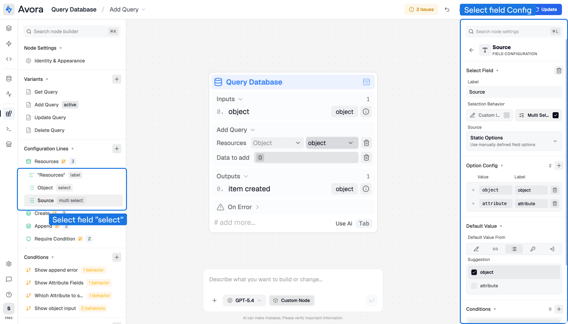 Select Field inspector showing selection behavior, source, option configuration, and default value.