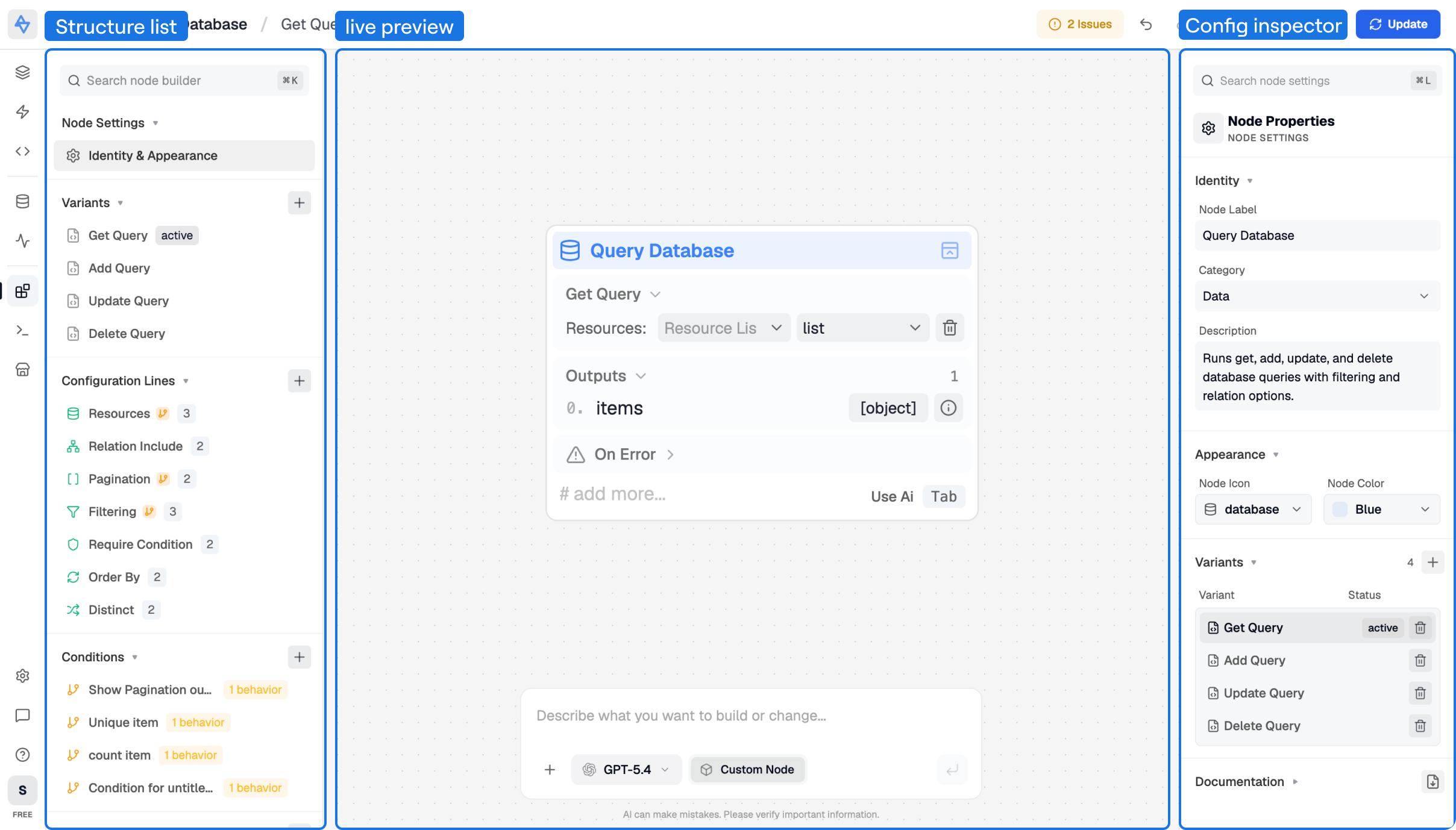Full Visual Node Builder showing the structure list on the left, live node preview in the center, and configuration inspector on the right.