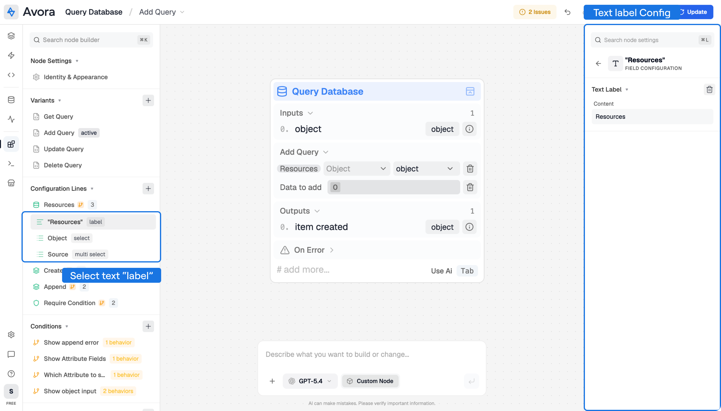 Text Label inspector showing the Content control and delete action.
