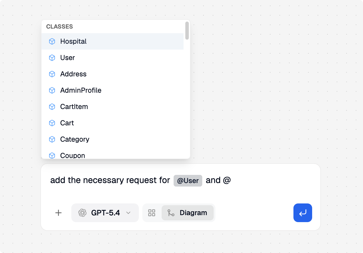 Prompt example showing how to tag a workspace node with @ so AI can focus the instruction on the referenced entity, enum, request, or logic node.