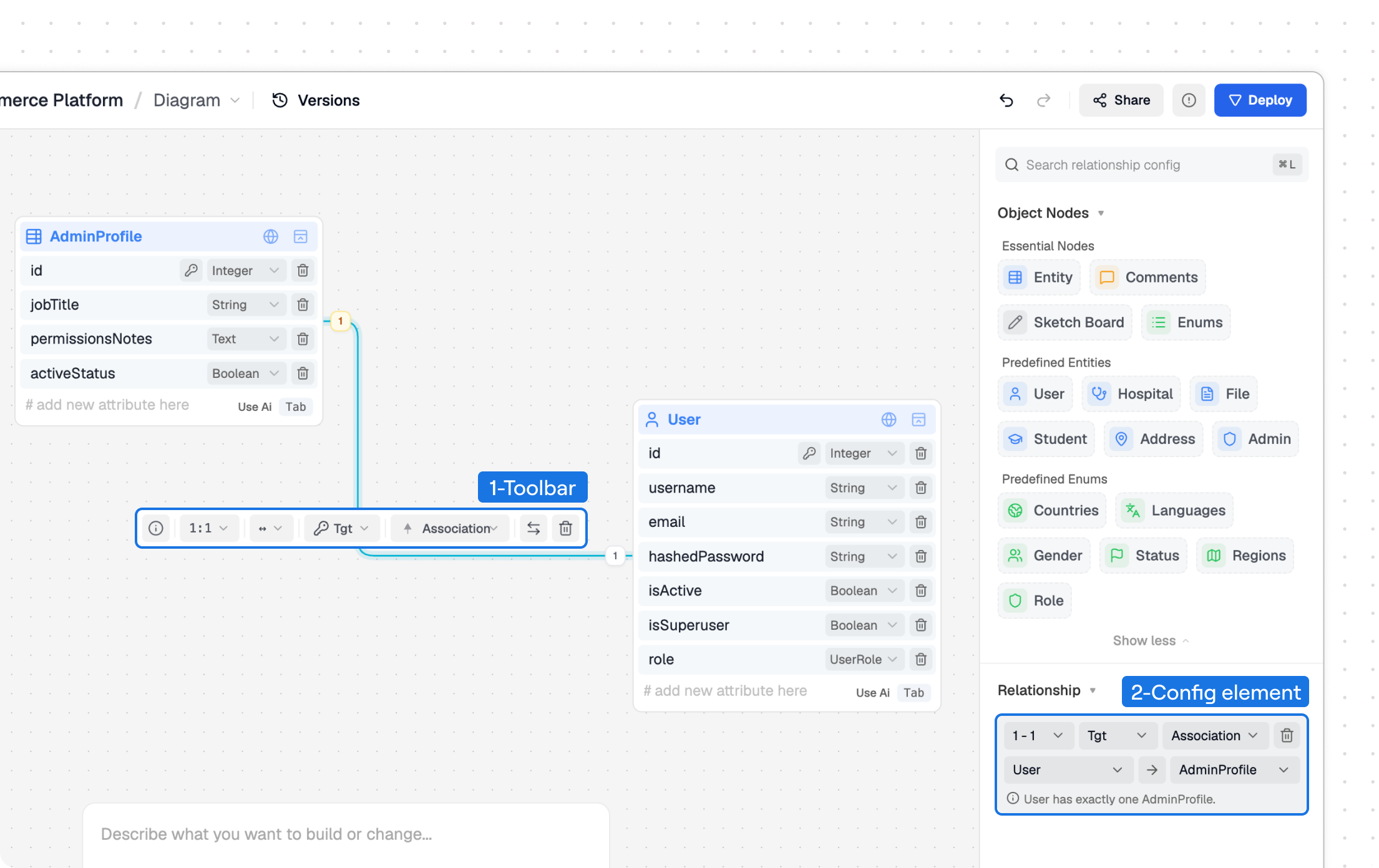 Selected relationship edge with the matching relationship type, multiplicity, direction, swap, and delete controls in the right sidebar.