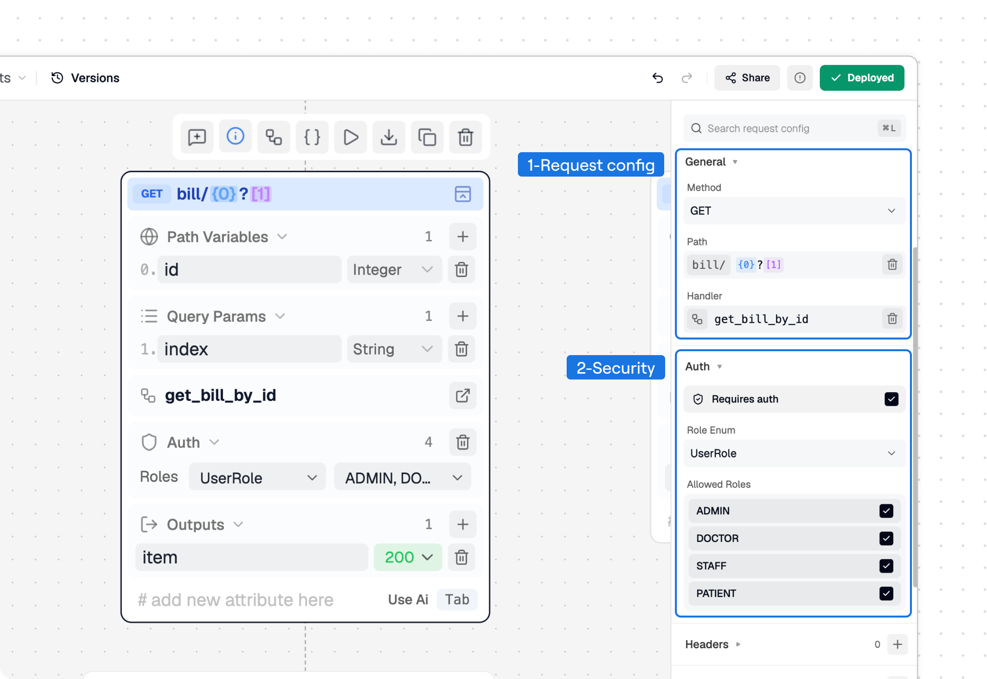 Selected request node with numbered areas for general request configuration and authentication/authorization settings.