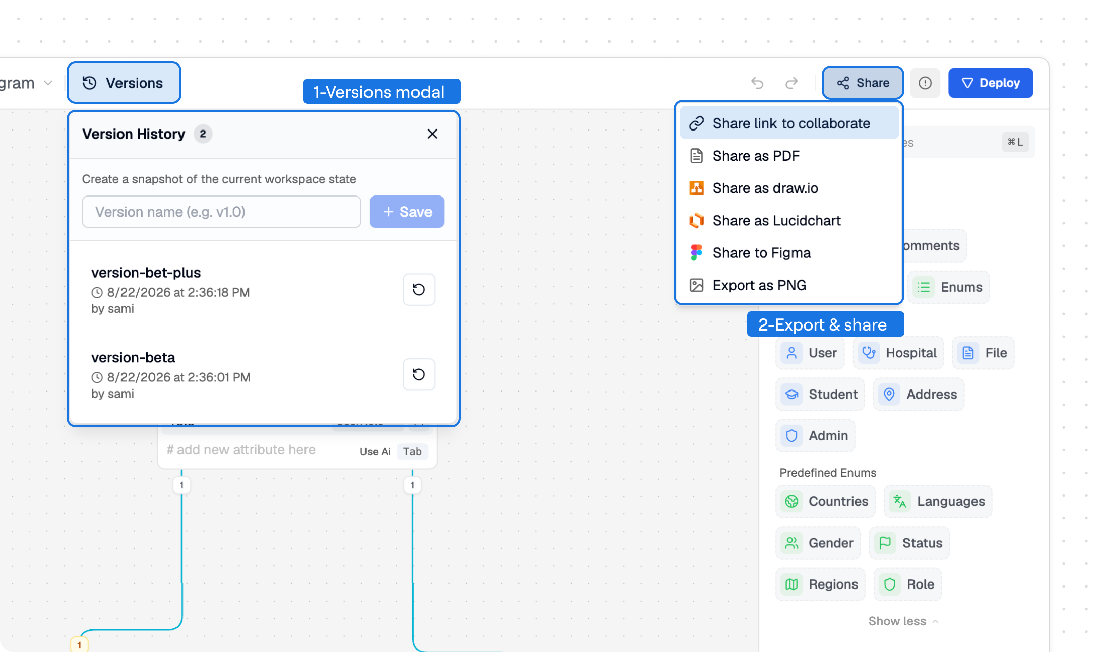 Avora workspace showing the version history modal and the share menu with collaboration and export options.